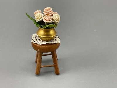 Miniature Dollhouse Vintage Wood Stool With Brass Flower Pot Lot accessories - Image 1 of 4