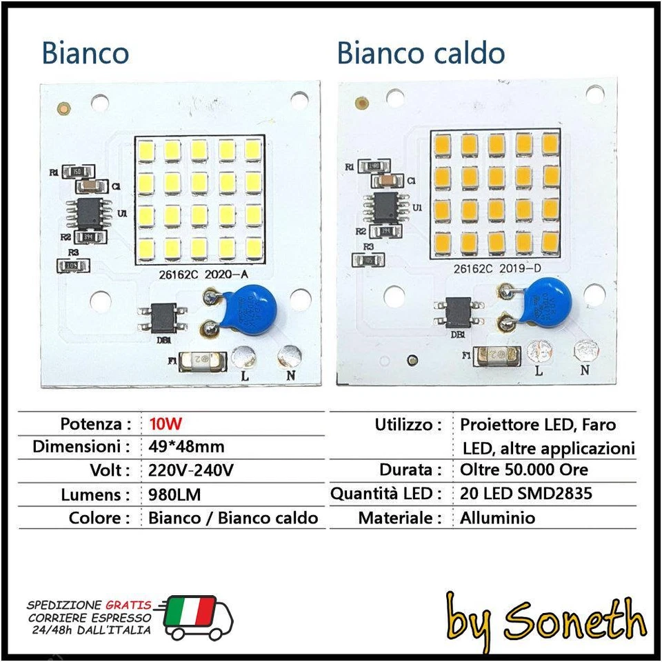 PIASTRA CHIP A LED CON DRIVER 220V PROIETTORE FARO FARETTO 10W 20W 30W 50W 100W - Immagine 1 di 1