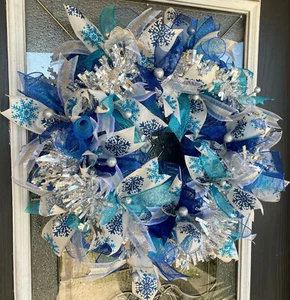 Blue Silver Winter Hanukkah Christmas Deco Mesh Front Door Wreath, Decoration - Picture 1 of 6