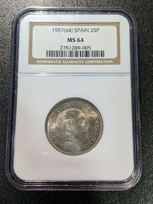 1957 (64) MS64 Spain 25 Pesetas NGC KM 787  1964 Caudillo - Image 1 of 2