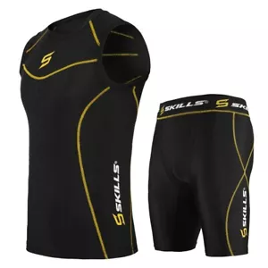 Men's Compression Armor Base Layer Top Running Sleeveless Sports Shirt & Shorts - Picture 1 of 27