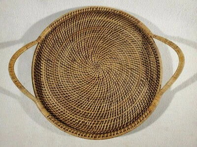 Pampered Chef Woven Selections Wicker Rattan Tray Round with Handles EUC - Image 1 of 3