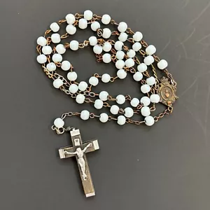 Glass Bead Rosary Made Italy Copper Mid Century Jesus Mary 1950 Vtg REPAIRED - Picture 1 of 6