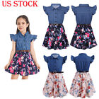 US Kids Girls A-line Dress Floral Print Flying Sleeve Denim Dresses Swing Skirt