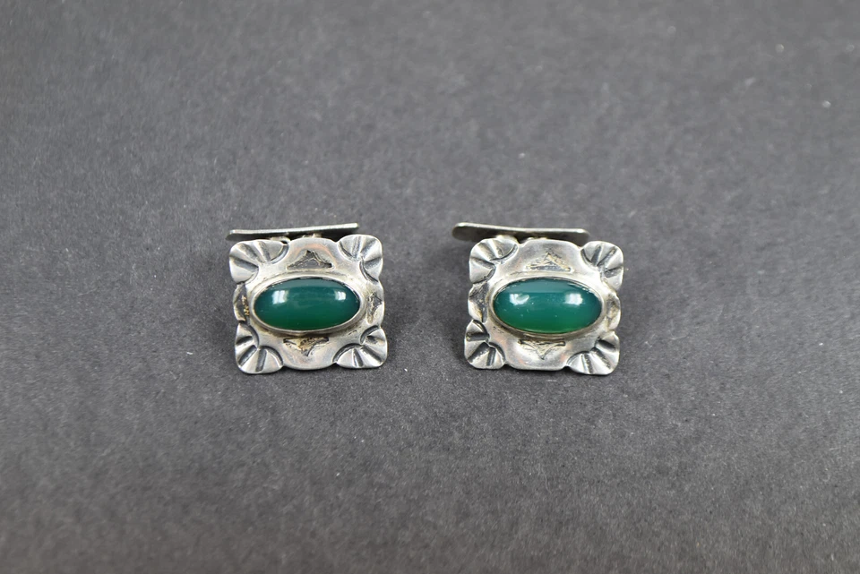 Paar antike Manschettenknöpfe Silber 900 grüner Achat bez. Servoz Paris um 1940 - Bild 1 von 4