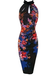 Womens Karen Millen Black Floral Satin Cutout Draped Halterneck Bodycon Dress 8. - Picture 1 of 11