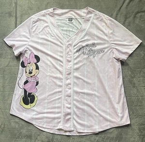 Disney Jersey Women’s 2X Striped Minnie Mouse Short Sleeve Button Front Pink - Picture 1 of 8