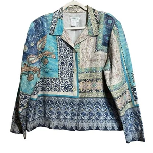 Camicetta Coldwater Creek Top XL multicolore Boho Artsy stampa mista seta bottoni - Foto 1 di 8