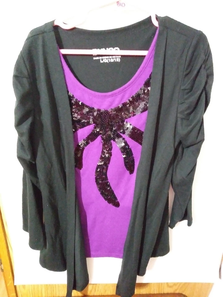 BONGO L (10/12) NEGRO Y PÚRPURA CAPA LOOK TOP CON LAZO EN FORMA DE LENTEJUELAS #81D Foto 1 de 2