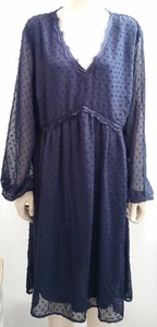 Jasambac Women's Dress Plus Size 2XL Blue Swiss Dot Midi Sheer Long Sleeve NWT - Picture 1 of 6
