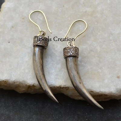 Pave Diamond Horn Earrings 925 Sterling Silver Jewelry Ear Wire Women's Earrings - Image 1 of 4