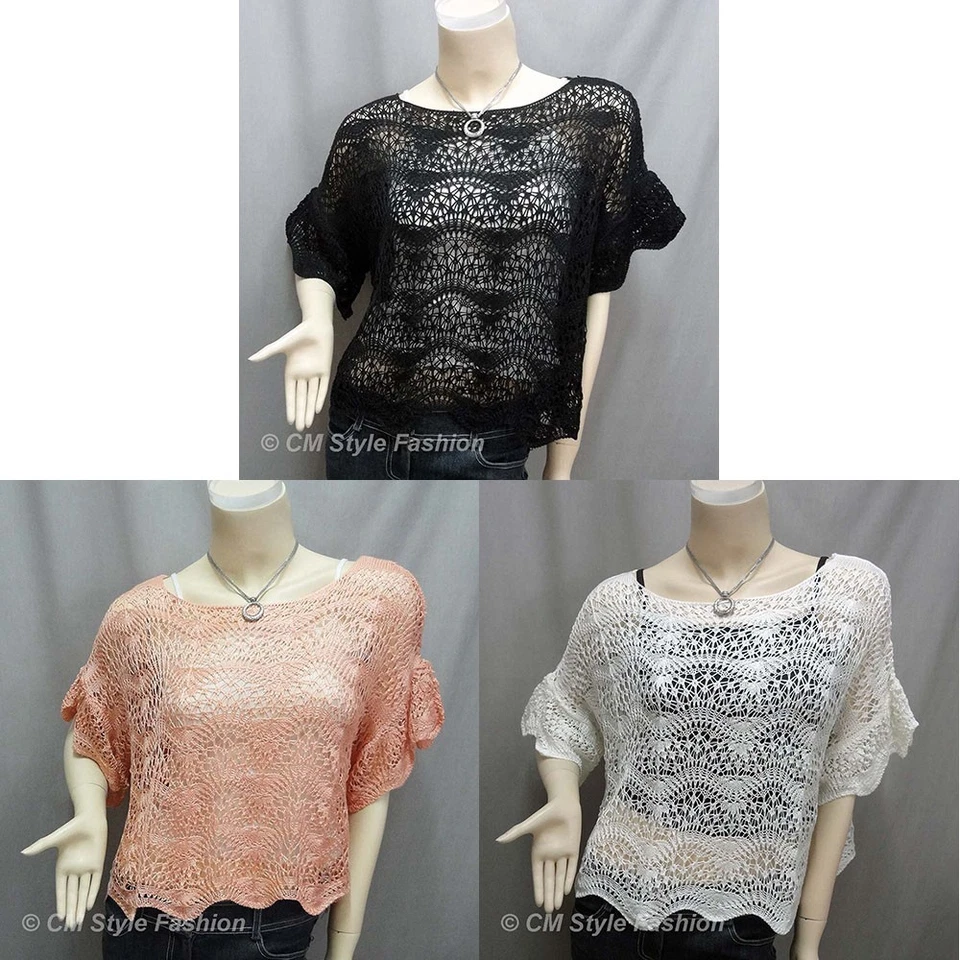 Elegante Suéter Top Tejido Ojales Borde Vieira Malla Negro Rosa Blanco M Foto 1 de 1