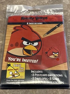 8 Angry Birds Birthday Party Invitations with Seals & Save the Date Stickers Red - Image 1 of 4