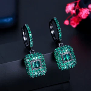 Square Black Gold Plated CZ Green Bridal Dangle Round Huggie Hoop Earrrings - Picture 1 of 12