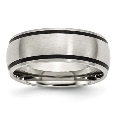 Stainless Steel Black Rubber 8mm Brushed Band Ring - Image 1 of 4