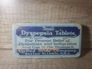 VINTAGE MID-20th CENTURY REXALL ACID-DYSPEPSIA TABLETS TIN - UNITED DRUG COMPANY - Picture 1 of 4