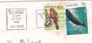 Blackburn VIC postmark Australia 1982 on King Parrot 60c + Right Whale 35c VGC - Picture 1 of 1
