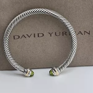 David Yurman Sterling Silver Peridot & 14K Gold 5mm Cable Cuff Bracelet - Picture 1 of 6