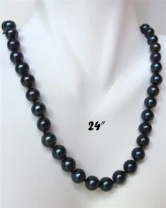 Long 24 Inch Genuine 8-9mm ROUND Black Pearl Strand Necklace Cultured Freshwater - Picture 1 of 7
