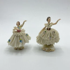 2 Vintage Germany Dresden Style Ballerina Figurine Porcelain Lace Ballet AS-IS - Picture 1 of 11