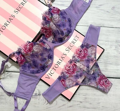 Victoria's Secret Wicked Unlined Balconette Bra Thong Set Floral Purple 36 38 40 - Image 1 of 4