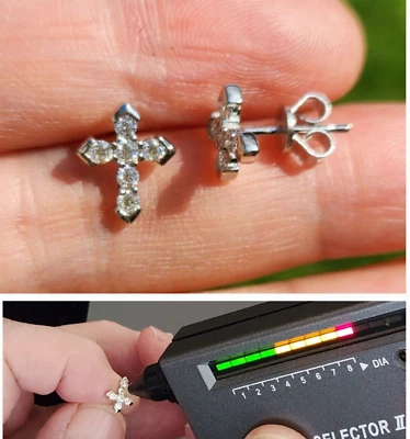 925 Silver Small Cross Lab-Created Diamond Earrings Studs Pass Diamond Tester - Image 1 of 3