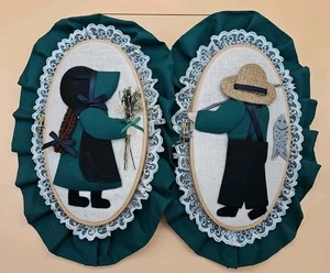 Vtg Handmade 3D Textile Hoop Wall Art Boy Fishing and Bonnet Girl with Flowers - Picture 1 of 8