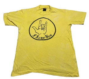 Vintage 80s I love you ASL Sign T-Shirt Size Small Yellow Single Stitch Anvil - Picture 1 of 8
