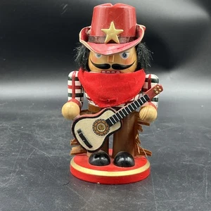 WOODEN WESTERN COWBOY QUITAR NUTCRACKER FIGURINE CHRISTMAS DECOR 7" - Picture 1 of 8