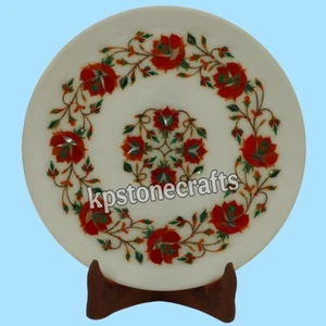 12” Antique White Marble Wall Plate – Pietra Dura Floral Inlay with Malachite, J - Picture 1 of 6
