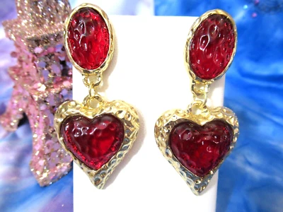 Pendientes Estilo Gripoix Tono Dorado Rojo Corazones San Valentín Vidrio Cabujón Cuelga Foto 1 de 4
