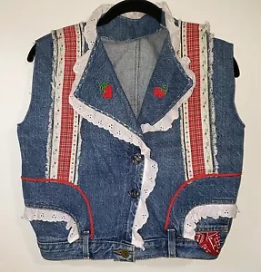 Palmetto's Functional Clothing Denim Jean Vest Lace embroidered Strawberries - Picture 1 of 12
