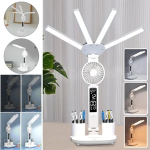 LED Desk Lamp with Fan 4 Heads Dimmable Light Calendar Clock Display Pen Holders - Picture 1 of 12