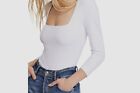 $59 Free People Women's White Square-Neck 3/4 Sleeve Thong Bodysuit Size S
