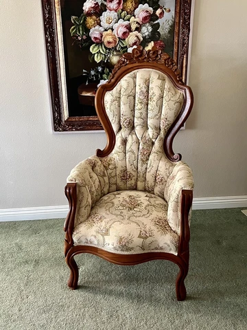 Victorian  Upholstered Arm Chair Solid Mahogany With Carved Roses Cover