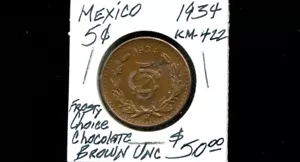 MEXICO KM-422, 5 Centavos 1934 in Frosty Choice Chocolate Brown Uncirculated - Picture 1 of 2