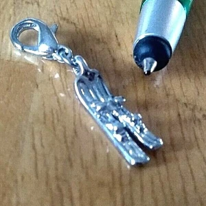 CHARM - PENDANT Clips on w Lobster Claw Clasp - Silver-tone pair of SKIS - Picture 1 of 4