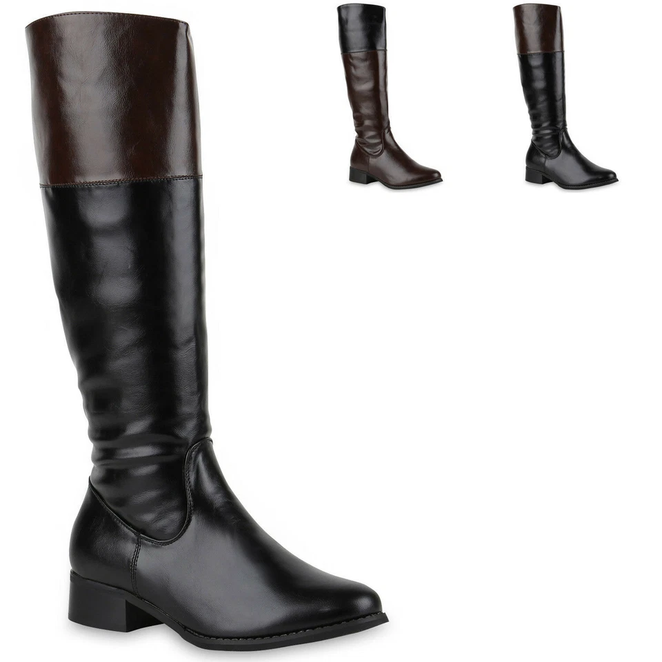 MARKENLOS 894370 Damen Reiterstiefel Lederoptik Langschaft Boots Klassische Mode