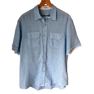 Bugatchi Uomo Men’s 100% Linen Sky Blue Button Up Camp Shirt Floral Buttons Sz L - Picture 1 of 10
