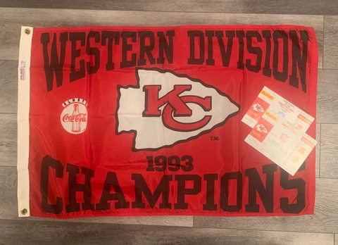 1993 Kansas City Chiefs Western Division AFC Champ Flag W/ Unused Game Tickets Cover