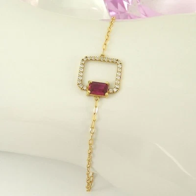 Zartes Armband 750 Gelbgold 18K  1 roter synthetischer Korund  kubische Zirkonia - Bild 1 von 4