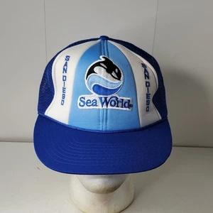 SeaWorld San Diego Snapback Hat Mesh Trucker Blue White 1982 VTG Lucky Stripes - Picture 1 of 10