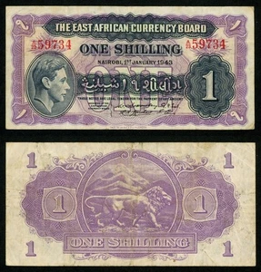 1943 East African Currency Board One Shilling Banknote Pick Number 27 Nice VF - Picture 1 of 3