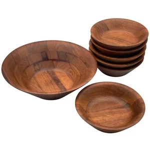 Vtg Wood Salad Bowl 7 pc Serving Set 1 Large 6 Small New Hampshire USA Farmhouse - Picture 1 of 18