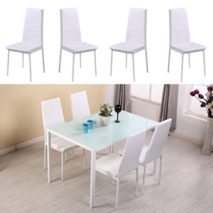 Kitchen High Gloss Glass Dining Table & 4PCS Faux Leather Padded Side Chairs Set - Picture 1 of 10