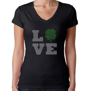 Womens T-Shirt Rhinestone Bling Black Fitted Tee LOVE Irish Shamrock St. Patrick - Picture 1 of 7
