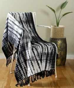 Black Tie Dye Woven Throw Diamond Pattern Bed Sofa Lounge Cotton Blanket Classic - Picture 1 of 3