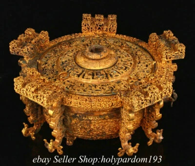 16" Chinese Bronze 24K God Gilt Dragon Pattern utensils containing ice Jar Box  - Image 1 of 4