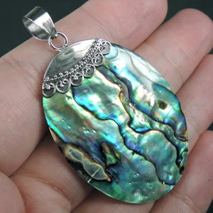 925 Sterling Silver Oval Natural Paua Abalone Shell Pendant Jewelry, PASP-203 - Picture 1 of 6