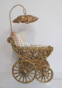 Vintage Small Doll Accessory Gilt Soft Metal Buggy or Pram Germany 1920s - Picture 1 of 10